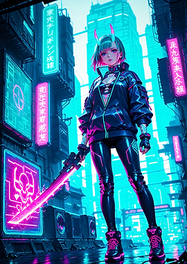 Cyberpunk Style Anime Girl with Glowing Sword