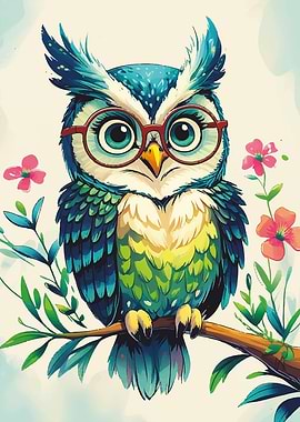Cartoon Owl with Glasses on Branch