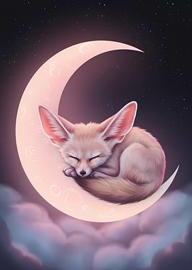 Sleeping Fennec Fox on Crescent Moon