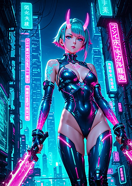 Cyberpunk Style Anime Girl with Neon Swords