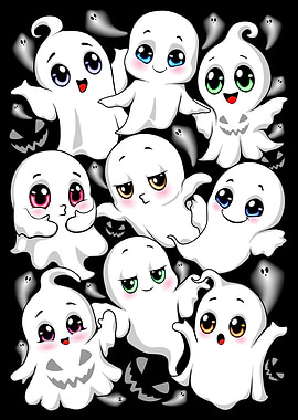 Cute Cartoon Ghosts on Black Background 2