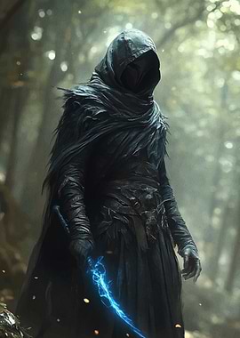Hooded Figure with Glowing Blue Weapon