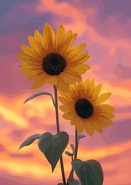 Sunflowers against a sunset sky