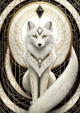 Regal White Fox — Art Deco Digital Illustration with Gold Geometric Ornament