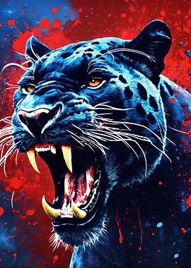 Roaring Black Panther with Red Splatters