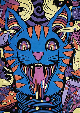Psychedelic Cat Illustration with Alice Elements