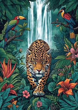 Jaguar in Jungle with Waterfall