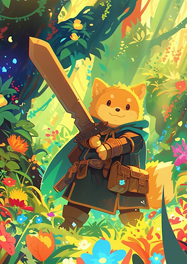 Dog Warrior in Floral Forest