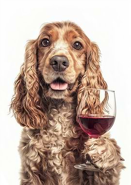 Cocker Spaniel Dog with Wine Glass Portrait