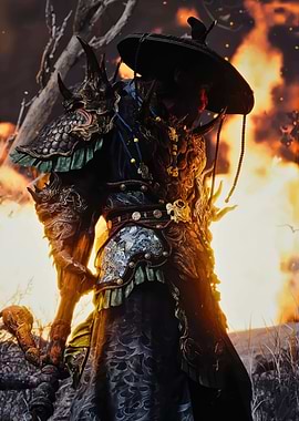 Warrior in ornate armor against fire