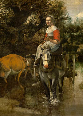Woman with Horse and Cows Painting