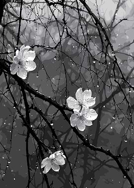 Monochrome Blossoms in the Rain