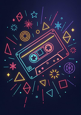 Neon Cassette Tape with Geometric Shapes