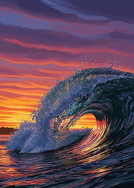 Ocean Wave at Sunset Illustration