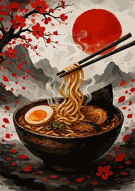 Ramen Bowl with Chopsticks and Cherry Blossoms