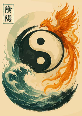 Yin Yang Phoenix and Wave Art