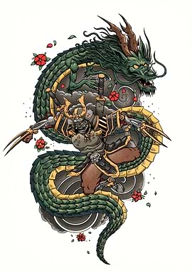 Samurai Warrior with Dragon Illustration