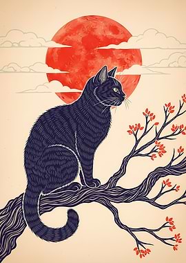 Black Cat on Branch with Red Moon