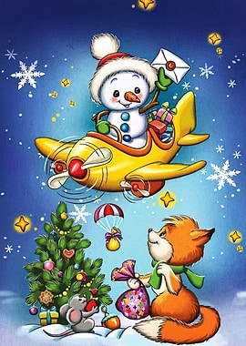 Festive Cartoon: Snowman, Fox, and Christmas