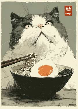 Cat with Ramen Bowl Illustration