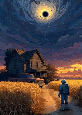 Astronaut and Farmhouse Under Cosmic Sky