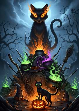 Halloween Cats Witchcraft Scene