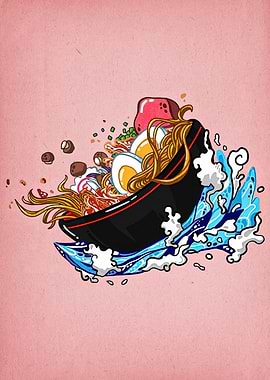 Ramen Bowl on Waves Illustration