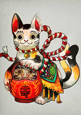 Maneki Neko with Daruma Doll