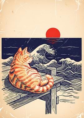 Cat on Dock Watching Sunset