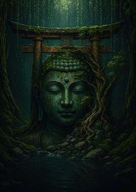 Overgrown Buddha Statue in Forest