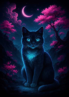 Mystical Cat Under Pink Moon