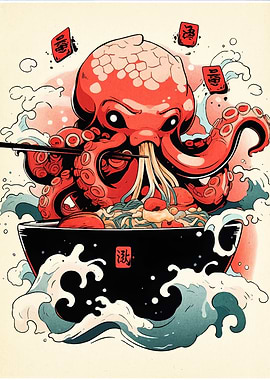 Octopus Eating Ramen Illustration