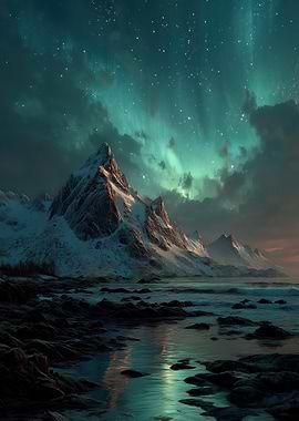 Snowy Mountains Under Aurora Borealis