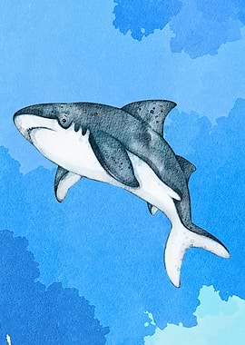 Watercolor Shark Illustration on Blue Background