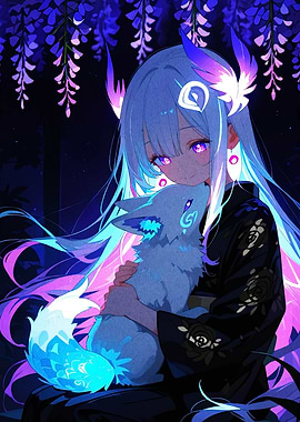 Anime Girl with Fox and Wisteria