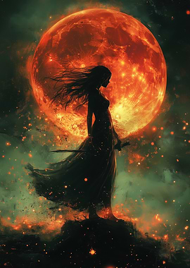 Silhouette Woman with Sword and Red Moon