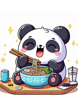 Cute Panda Eating Ramen Illustration