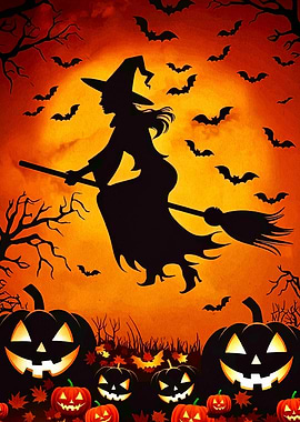 Halloween Witch Flying on Broomstick