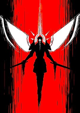 Silhouette Warrior with Swords and Wings in ULTRAKILL game