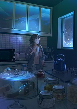 Dreamy Kitchen Scene with Girl and Tea
