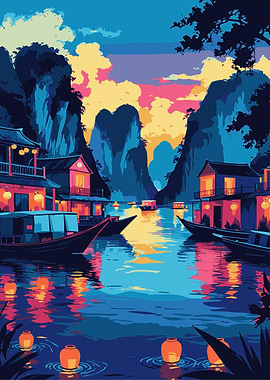 Vibrant Asian River Village at Dusk