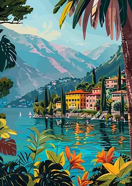 Lake Como Italy Tropical Abstract Minimalist Art Illustration