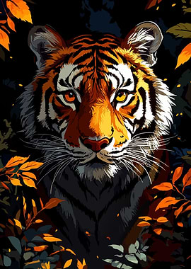Tiger Portrait in Autumnal Foliage