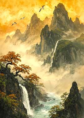 Mountain Landscape with Waterfalls and Birds