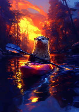 Otter kayaking at sunset