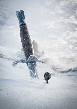 Giant Sword in Snowy Landscape