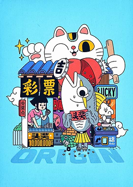 Cartoon Illustration with Lucky Cat and Fish