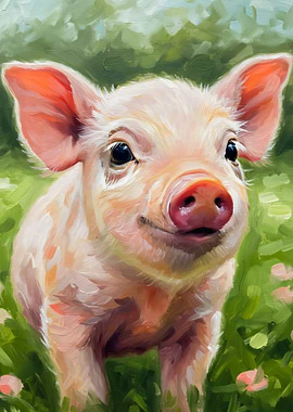 Cute Piglet Portrait in Green Field