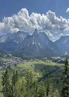 Mountain valley landscape with village view