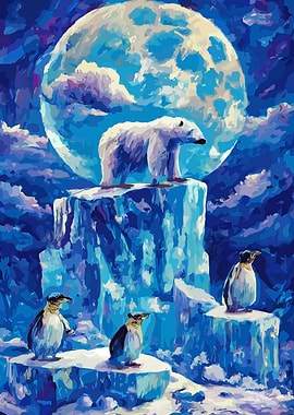 Polar Bear and Penguins on Ice